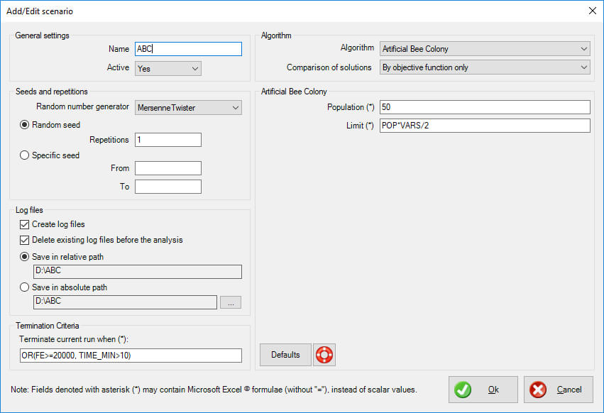 Artificial Bee Colony xloptimizer options step 1