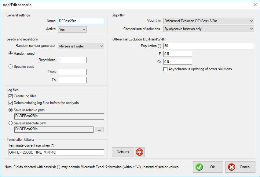 differential evolution de/best/2/bin xloptimizer options step 1