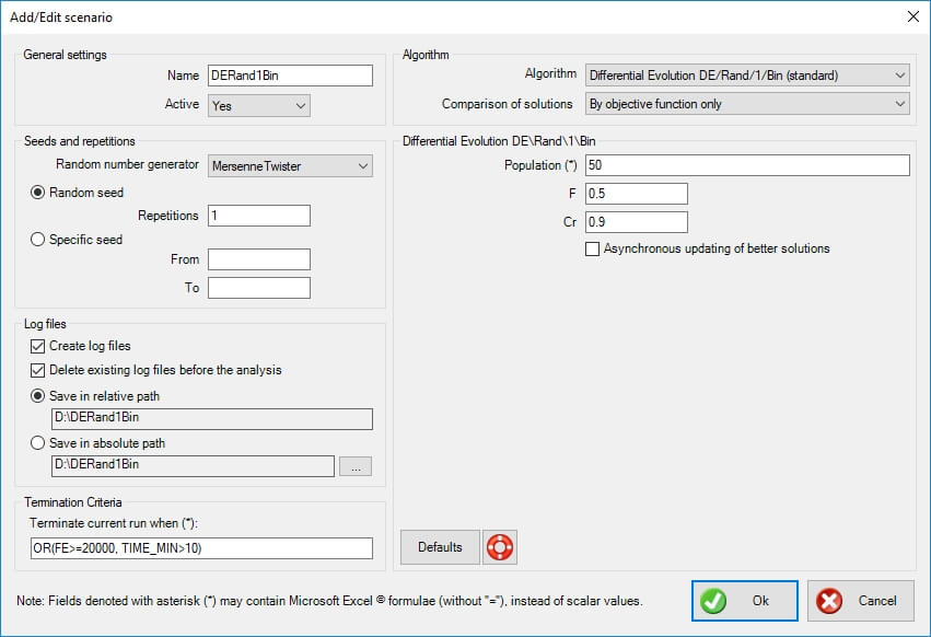 differential evolution de/rand/1/bin xloptimizer options step 1