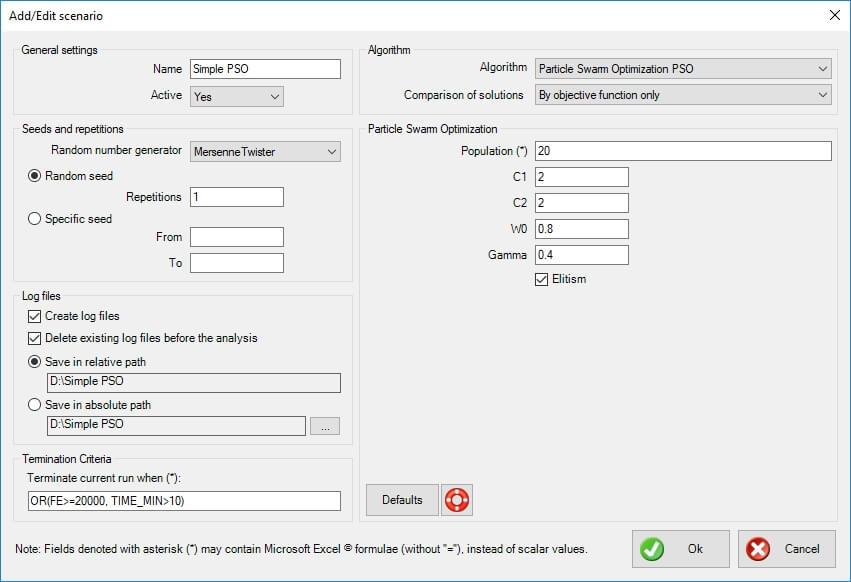 particle swarm optimization xloptimizer options step 1